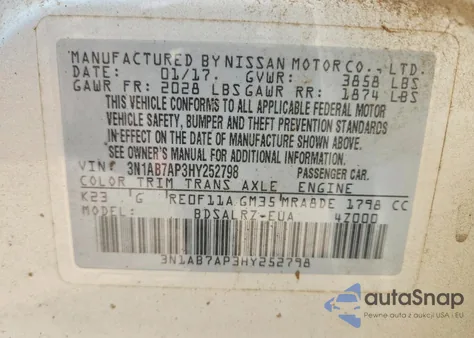 2017 Nissan Sentra Sr из США, поврежденный, VIN 3N1AB7AP3HY252798